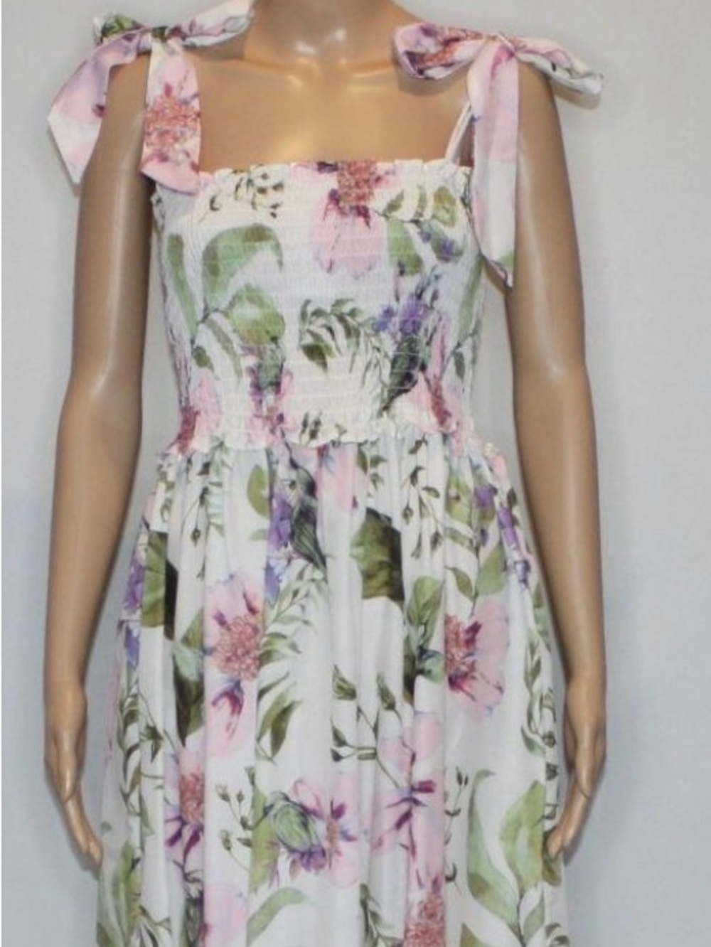 Goodnight Macaroon Pink and Green Floral Smocked Midi Dress with Tie Straps